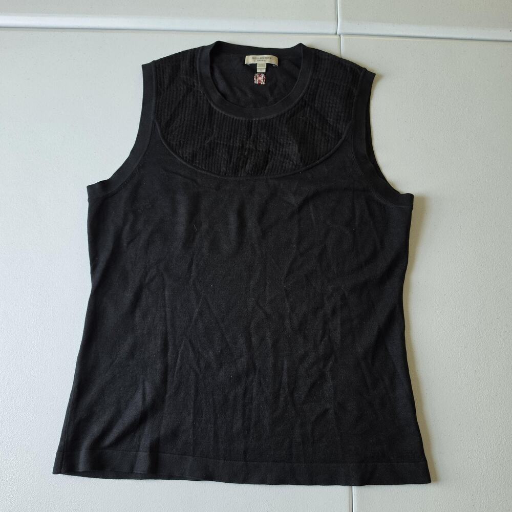 Burberry Tank Top Womens Large Black Silk Knit Sleeveless Plaid Logo Yoke